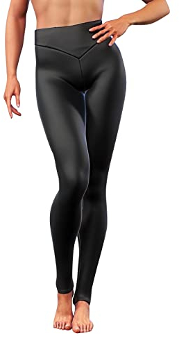 QWUVEDS Frauen Clubwear Sexy Glänzende Leggings Körper Enge Hosen Hosen Faux Damen Hosen PU 7 8 Laufhose Damen 3/4 Jeggings Damen Stretch Gamaschen Damen Elegant Blickdichte Strumpfhose Hautfarben