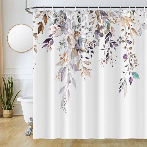 Uiiooazy Rideau Douche Violet, Rideau de Douche Feuilles Lavande Fleur Rose Rideaux de Baignoire Anti Moisissure Imperméable Tissu Polyester Lavable Rideaux Salle de Bain avec 12 Crochets 180x240cm