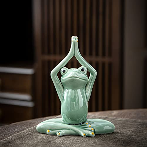 OwMell Meditierende Frosch-Statue, 8,9 cm, Keramik, Yoga-Pose, Zen-Frosch-Figur für Heimdekoration, grüner Namaste