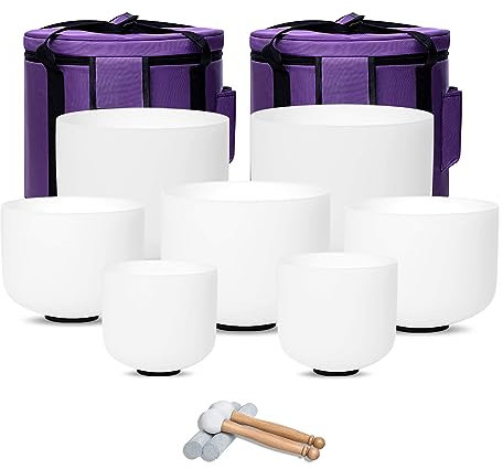 CALM CLANG 432hz Crystal Singing Bowl 6-12inch Set of 7 Pure White for Meditation Yoga Heart Chakra Meditation Heavy Duty Carrying Case with Sponge Padded Bundle Rubber Mallet Suede Striker O ring
