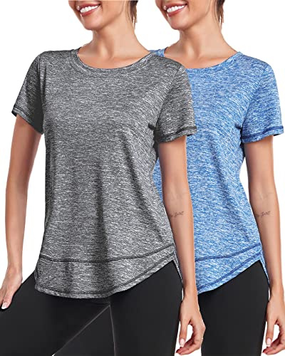 Deaviya Women's Sports T-Shirt, Short Sleeve Shirt, Workout Tops, Crew Neck, Athletic, Casual, Running, Yoga, Fitness T-Shirts, Loose Side Split Tee, Grey + blue, Large