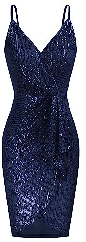 GRACE KARIN Cocktailkleid Damen Elegant Für Hochzeit Bodycon Minikleid Spaghettiträger Kleider V-Ausschnitt Cami Kleid Marineblau–Pailletten XXL