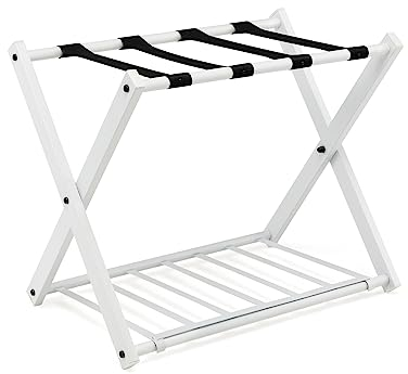 Giantex Porte Valise Pliant, Porte-Bagages en Métal, Support Valise/Bagages avec 2 Etages & 4 Sangles, pour Chambre, Hôtel, 68x43x58CM, Blanc (1 PC)