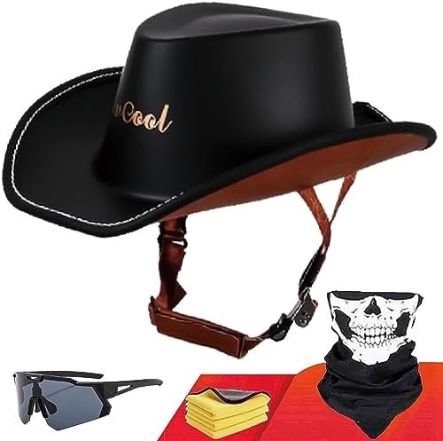 Motorrad-Halbhelm Für Erwachsene, Persönlichkeit, Vintage-Halbhelm (Handtuch + Sonnenbrille + Maske), Offener Motorradhelm, DOT-Zugelassener Retro-Western-Cowboyhut-Helm A,L(59-60cm)