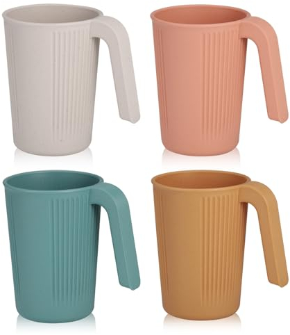 Hejo 4 Gobelets Incassables en Plastique Réutilisables, Tasses à Café en Plastique avec Poignée, Gobelets en Plastique Empilables de Camping pour Enfants et Adultes