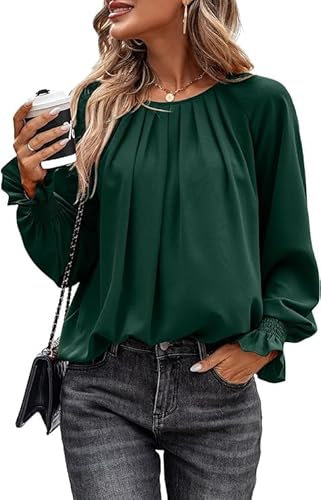 Toplop Bluse Damen Rüschen Laternenärmel: Elegant Langarmshirt Herbst Frühling Sommer Oberteile Lässig Rundhals Plissee Knopf Tops Mode V-Ausschnitt Brusttaschen Leopard Tunika A-Grün S
