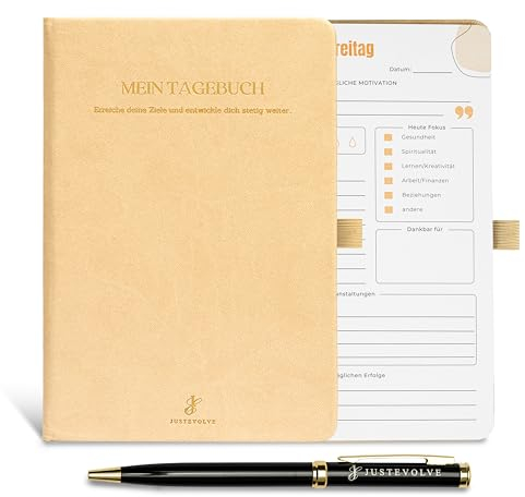 JUSTEVOLVE Mein Tagebuch Achtsamkeit Erfolgsjournal - Selbstreflexion Dankbarkeitstagebuch - Undatiert Leder Planer mit Stift