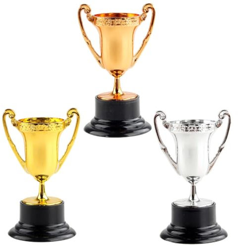 Veemoon 3pcs Mini Trophy Set Kids Award Trophy Cups Plastic Gold Silver Bronze Trophies Set Game Props for Party Favors, Winning Prizes, Competitions, Family Games Prizes