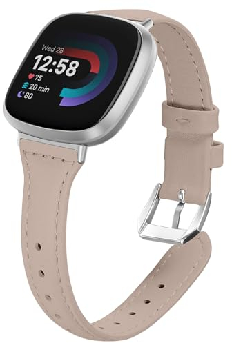 WoPail Leder Armband Kompatibel mit Fitbit Versa 4/Fitbit Versa 3/Fitbit Sense 2/Fitbit Sense Ersatzarmband Damen Schlank und Leicht Armbänder für Fitbit Versa 4/Fitbit Versa 3 Aprikose