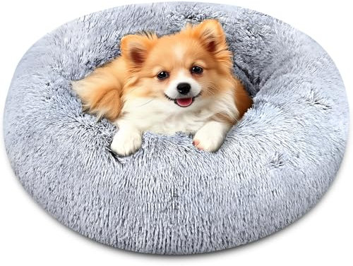 AUJEN Hundebett waschbar - Flauschiges Plüsch Katzenbett für Katzen und kleine Hunde, Donut-förmiges beruhigendes Hundekissen mit rutschfestem Boden, weiches Hundekorb, Katzenkorb, 70cm, Ombré-Grau