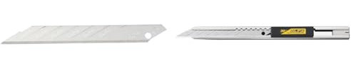 OLFA SAB-10B - Pack de 10 cuchillas troceables 9 mm ángulo de Corte 30º plateadas en Blister & 9150US SAC-1 Slimline Stainless Steel Graphics Knife, Silver