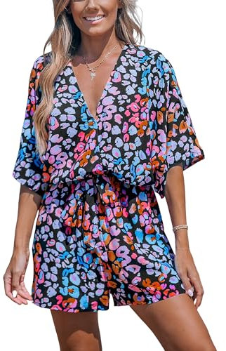 CUPSHE Women Jumpsuit V Neck Lace Up Romper Leopard Print Dolman Sleeves Short Wide Leg Casual Overall Playsuit Pink/Blue M