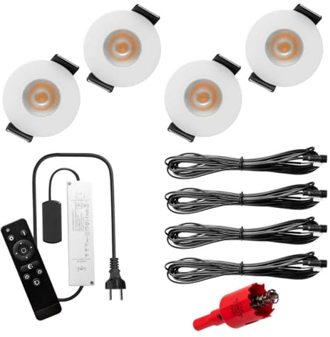 S-Polytec PREMIUM Mini LED- Einbauspots Warmweiss 3.000K, DIMMBAR, IP65, FUNK 3W Einbaustrahler Terrassenüberdachung, Bad, Sauna mit Fernbedienung (WEISS, 4x LED-SET)