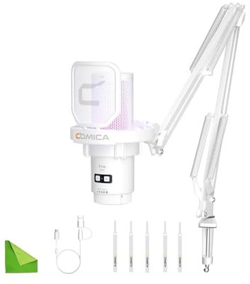 comica EJoy Uni A USB Microphone for Computer and Smartphone,RGB Cardioid Condenser Gaming Mic for Podcasting,Streaming,Recording,Music Creation,with Boom Arm Stand-White