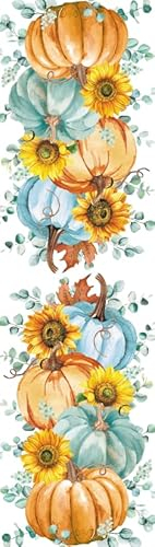 Kürbisse Sonnenblumen Herbst Tischläufer Eukalyptus Blätter Tischdekoration, Waschbar Saisonnal Küche Esstisch Dekoration für Drinnen Draußen Herbstdeko Thanksgiving Erntedankfest Dekoration 40x180cm