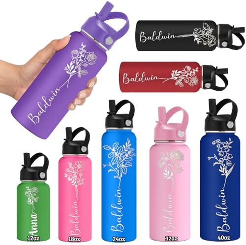 Personalised Water Bottles Custom Water Bottle Stainless Steel Insulated Engraved Double Wall Bottle Customized Water Bottles with Name Ideal for School Sports Gym 12/18/24/32/40oz