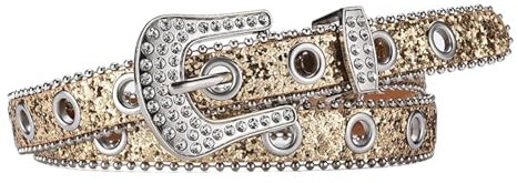 Fenteer Damen Gürtel aus PU- mit Strasssteinen und Bling-Nieten, Western-Cowgirl-Taillengürtel,Gold, 2.4cm