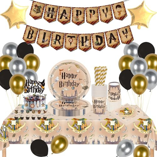 Eviznbou Wizard Décoration d'anniversaire, ensemble de vaisselle de fête magique, vaisselle de fête d'anniversaire Wizard, ballons en carton, nappe pour fête d'anniversaire d'enfant 16 invités