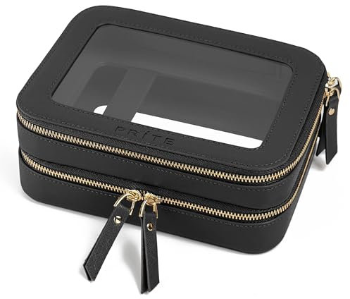 Prite Große Transparent Kosmetiktasche Doppelschichtig Make Up Tasche Damen Reise wasserdichte Kulturbeutel Autozubehör und Auto Organizer mit Doppelreißverschlüss und Fächern (Schwarz)