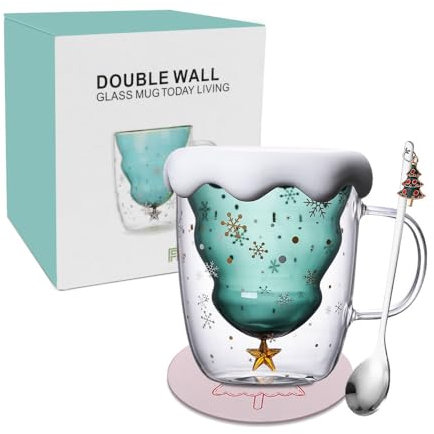 Lotvic Tasse de Noël à double paroi - 300 ml - Gobelets de Noël - Verres à café - Verres à thé - Verres à café avec couvercle - Dessous de verre - Cuillères de Noël - Cadeaux de Noël
