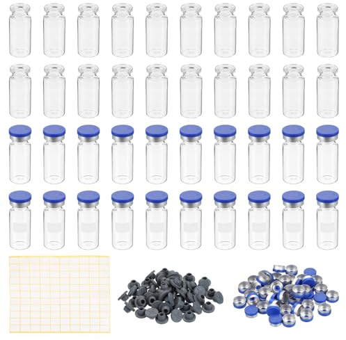 PATIKIL 10ml Sample Vials, 100 Pack Lab Empty Vials with Butyl Rubber Stopper Crimp Top Caps and Labels Borosilicate Glass Vial, Clear