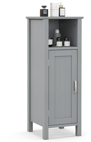 COSTWAY Bathroom Floor Cabinet, Freestanding Narrow Storage Cupboard with Single Door and Adjustable Shelf, Wooden Slim Bathroom Unit Side Cabinet for Living Room Hallway, 30x30x80cm (Grey)