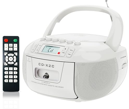 Portable CD and Cassette Player Boombox, CD Player with Bluetooth, AM FM Radio Compatible with CD/CD-R/CD-RW/MP3/WMA, Stereo Sound, Casette Tape Recorder with Remote, Battery Operated or AC Powered