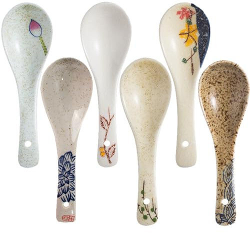 6Pcs Soup Spoons,Ceramic Small Spoon,Chinese Spoons Japanese Retro Style Soup Spoons Creative Porcelain Asian Soup Table Spoon for Ramen Pho Cereal Wonton Dumpling Miso