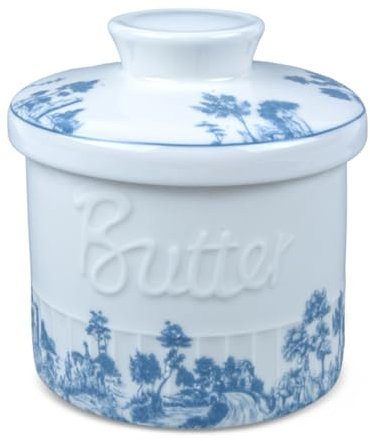 Henrrida French Butter Dish with Lid, Butter Keeper, Butter Crock, Blue and White