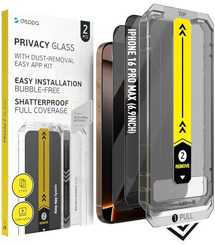 Deppa | 2 Stück | Sichtschutz für iPhone 16 Pro Max (6.9) mit Smart-Schablone | staub&blasenfrei | 9H gehärtetes | vollständiger Schutz |