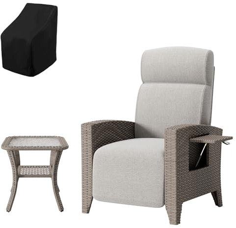 Fiutazge Relaxliege Verstellbare Rückenlehne,Gartensessel mit Liegefunktion,Relaxsessel Rattan Sonnenliege mit Balkontisch,Relaxstuhl Abdeckung für Innen Außen-Braun Rattan und Beige Sitzkissen