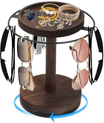 Qivine Brillenständer für Mehrere Brillen mit Holzsockel, 360° Drehbarer | Metallrahmen Brillenhalter Tisch für 16 Brillen, Sonnenbrillen Aufbewahrung Display für Kommode Schreibtisch Arbeitsplatte