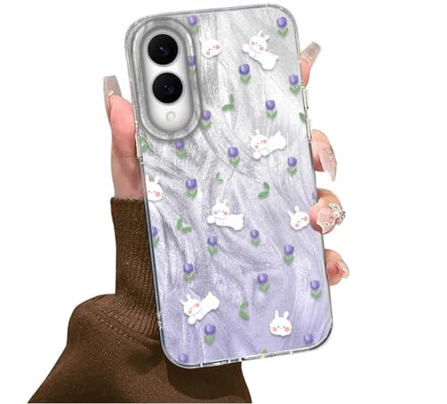 Tedyhulle Hülle für Samsung Galaxy S25 egde Handyhülle mit Häschen Motiv Lila Tulpen Blumen Muster Aesthetic Design, Weich TPU Dünne Schutzhülle Stoßfest Kratzfest Hard Cover Case für Frauen Mädchen