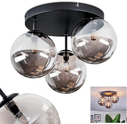 HOFSTEIN Deckenleuchte Chehalis, 3-flammige Deckenlampe aus Metall/Glas in Schwarz/Rauchfarben, moderne Leuchte im Retro/Vintage-Design (Schirme Ø 15 cm), G9, Esszimmer, Wohnzimmer, Schlafzimmer