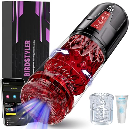 BIRDSTYLER Male Masturbator with 9 Thrust Rotation & Suction & Vibration | APP-controlled Male Sex Toys: 2 Soft Sleeves, 12s enhancement pump, Realistic Tongue-licking, Waterproof for Aqua Massage