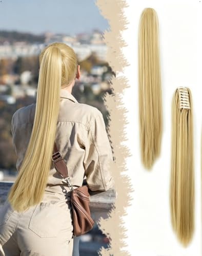 SanKristo Extension de cheveux en queue de cheval, 60 cm Longue Raides Layered lisses Postiche Extensions Fausse naturelles Ponytail synthétiques Clip à pince Rajout pour Femmes, Blond