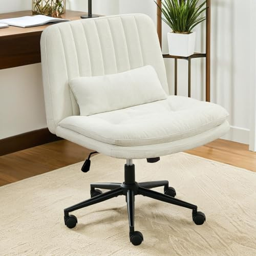 SITURAY Doppelschichtig Bürostuhl Schreibtischstuhl mit Rollen, Höhenverstellbar Drehbarer Schneidersitz Stuhl Ohne Armlehnen, 360° Drehstuhl Lesesessel mit Kissen(Chenille-Stoff Weißer)