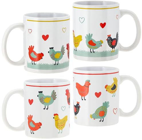 Kaffeebecher 'Hühner' 4er Set | 300 ml Steinzeug 12,5x9,5x8cm weiß bunt | Henkeltasse Tasse Becher Aufdruck Huhn Osterdeko (1 x 4er Set Kaffeebecher Hühner)