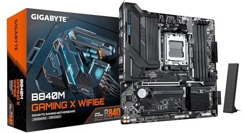 GIGABYTE B840M Gaming X WIFI6E Mainboard – AMD Ryzen 9000 CPUs, 8+2+2-Phasen-VRM, bis zu 8200 MHz DDR5 (O.C.), 2× PCIe-4.0-M.2, Wi-Fi 6E, 2,5-GbE-LAN, USB 3.2 Gen 1
