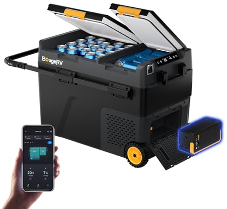 BougeRV CRD2 V2.0 Doppeltür Dualzonen Kompressor Kühlbox 49L mit Akku 240Wh | Akku Kühlbox mit Rollen & Griff 12V/24V 230V Camping Kühlschrank Akkubetrieben mit APP Steuerung, IPX4, -20℃~20℃ (2026 Neu)
