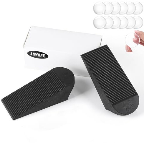 ANWONE Cuña Puerta Goma,2 pcs Topes para Puertas Door Stopper,Antideslizante Sujeta Puertas Suelo (Negro),y 10 pcs Transparentes Topes Silicona Adhesivos