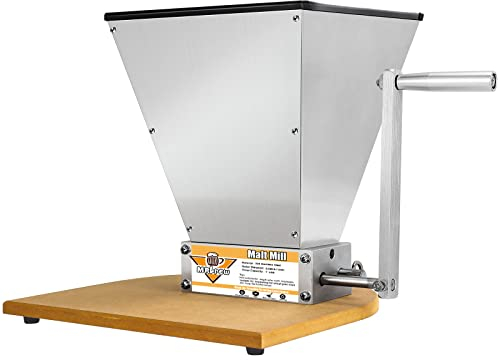 Mrbrew Grain Crusher Homebrew Malt Mill Manual Wooden Base Grain Mill Stainless Steel Grinder Mill with Adjustable 2 Bearing Roller & Crank Handle, Fit Low Speed Electric Drill for Wheat Beer Brewing