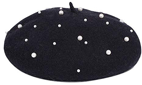 MEGAUK Damen Barett Französische Mütze Mädchen Wollmütze Beanie Maler Kappe Prinzessinhut Fraumütze Baske Baskenmütze Beret Cap Frühling Herbst Winter Hut (Perlen Schwarz)