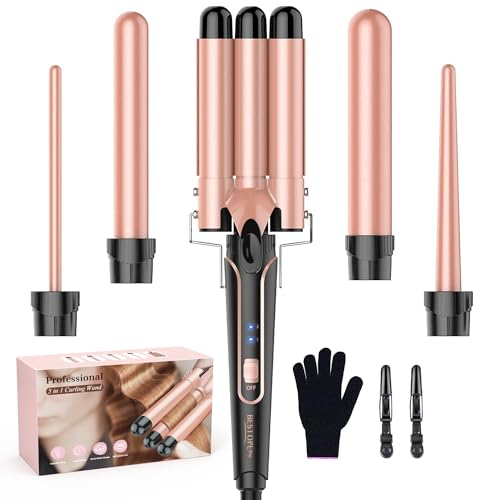 Lockenstab Set 5 in 1 mit 3 Fässer Welleneisen BESTOPE PRO für kleine/mittlere oder große Locken Keramikbeschichtung Lockenstäbe für Lange/kurze Haare Rosagold Rosegold 1 Stück (1er Pack)
