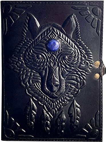 Wolf Leder-Tagebuch von Schatten mit Dritten Auge Stein Grimoire Wiccan Lock-Verschluss Prop Zauberbücher mit geprägtem handgefertigtem Notizbuch Skizzenbuch für Sie & Ihn, 17,8 x 12,7 cm