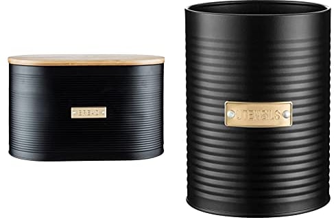 Typhoon Otto Bread Bin with Bamboo Lid, 10 Litre, Matte Black and Gold & Living Otto Utensil Storage Pot, 15 x 11 cm, Matte Black/Gold