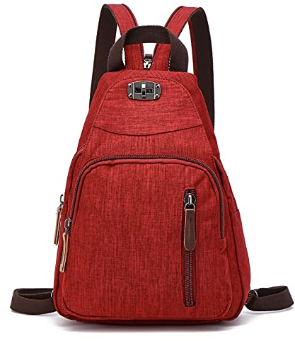FANDARE Retro Brusttasche Sling Bag Klein Rucksack Schulranzen Umhängetasche Schulrucksack Sporttasche für Damen Herren Pendeln Schule Freizeit Reise Daypacks Dauerhaft Polyester Rot