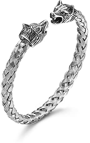 KALVICA 7mm Edelstahl Wolfskopf Armband Herren Manner Dopplte Wolf Köpfe Geflochten Armband Armreife Farbe Silber Poliert Verstellbare