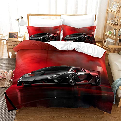 Rennwagen Bettwäsche 135x200cm für Kinder Modern Rot Auto Bettbezug Set für Jungen Jugendliche 3 Teilig Extreme Sport Dekor Betten Set mit Reißverschluss und 2 Kissenbezug 50x75cm