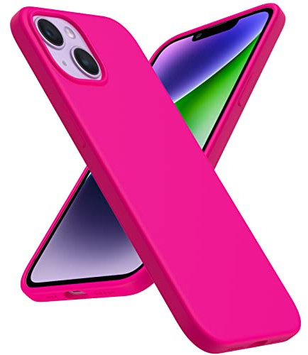 ACRONIX Coque pour iPhone 14,Coque Silicone Liquide pour iPhone 14(6.1),Étui Protection Complète, Cover Antichoc à 3 Structure,Microfibre Douce Empêche Les Rayures,Coque en Silicone-Rose Fluo Rouge